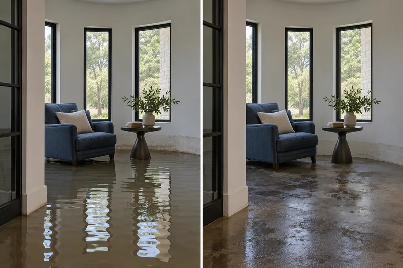 Water Extraction Near Brushy Creek Lake Park — same room before pickup and after bulk water collection with damp surfaces