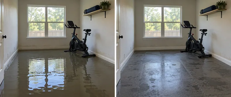 Water Extraction Near Veterans Memorial Park — same room before pickup and after bulk water collection with damp surfaces