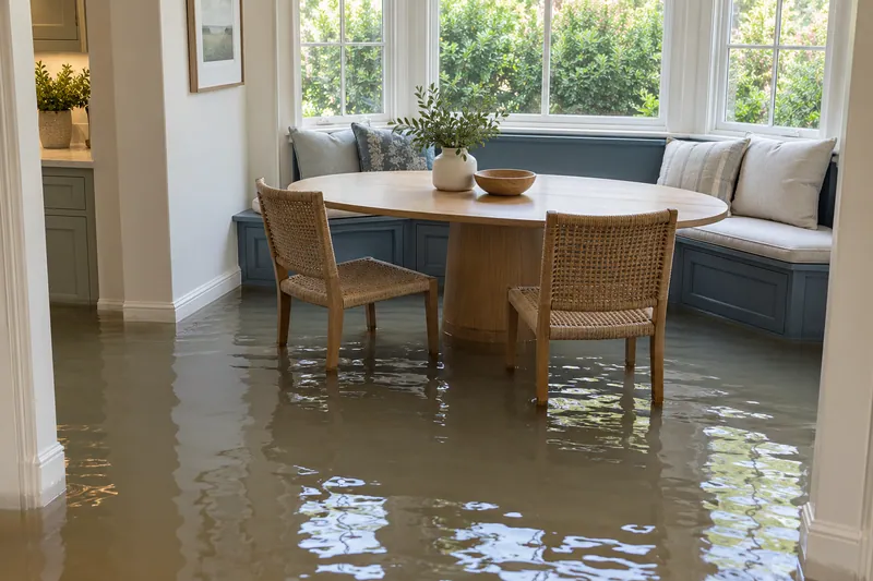 Water Extraction Near Veterans Memorial Park — substantial pooled water with submerged lower furniture legs