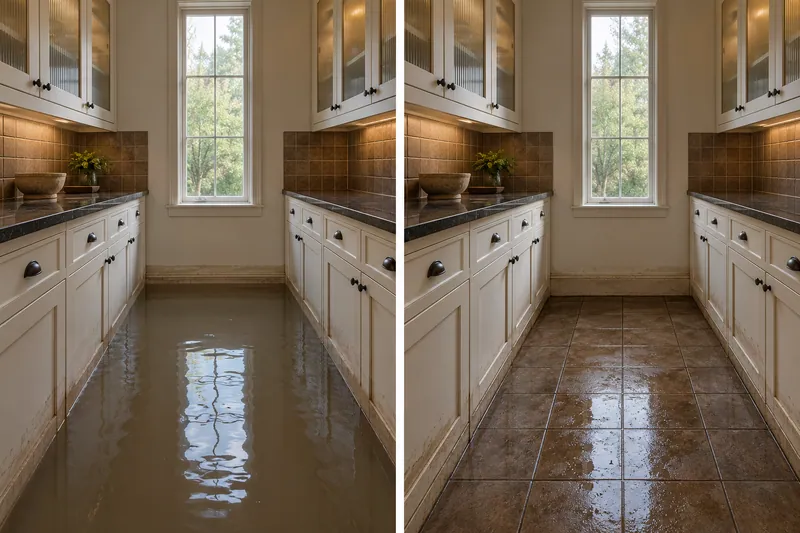 Water Extraction Near Elizabeth Milburn Park — same room before pickup and after bulk water collection with damp surfaces