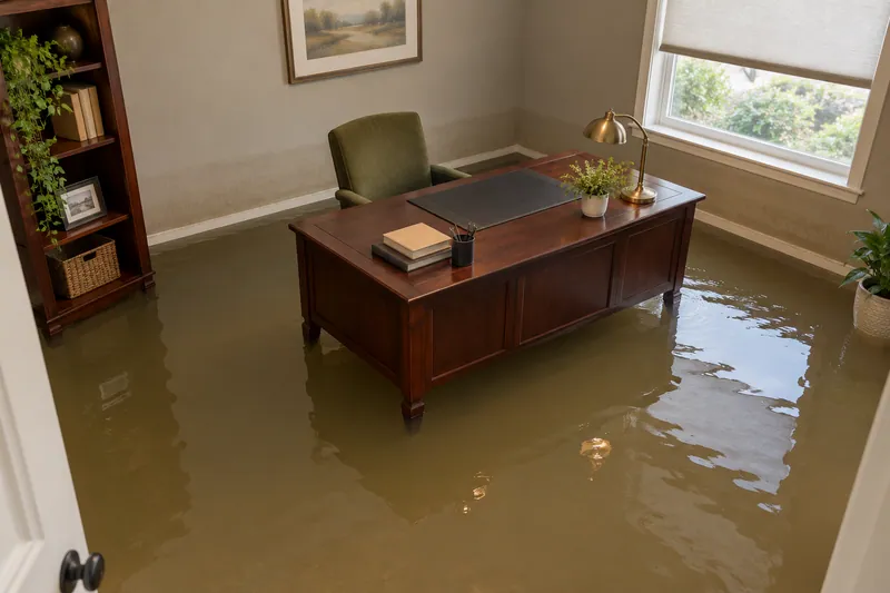 Water Extraction Near Elizabeth Milburn Park — substantial pooled water with submerged lower furniture legs