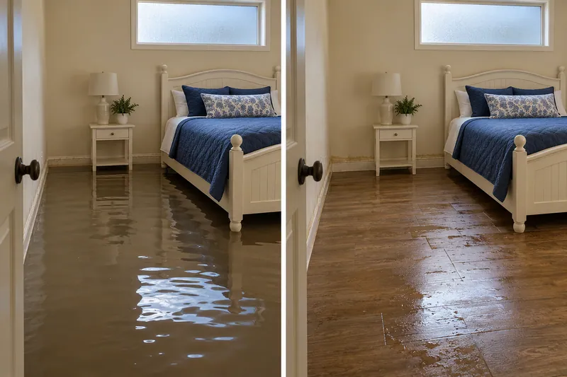 Water Extraction Near Buttercup Creek Park — same room before pickup and after bulk water collection with damp surfaces
