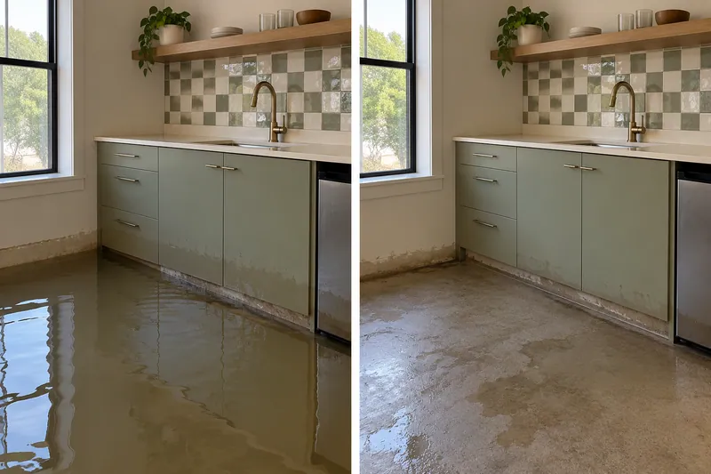 Water Extraction Near Lakeline Park — same room before pickup and after bulk water collection with damp surfaces