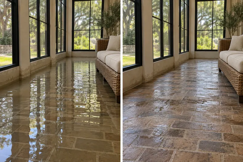 Water Extraction Near Brushy Creek Sports Park — same room before pickup and after bulk water collection with damp surfaces