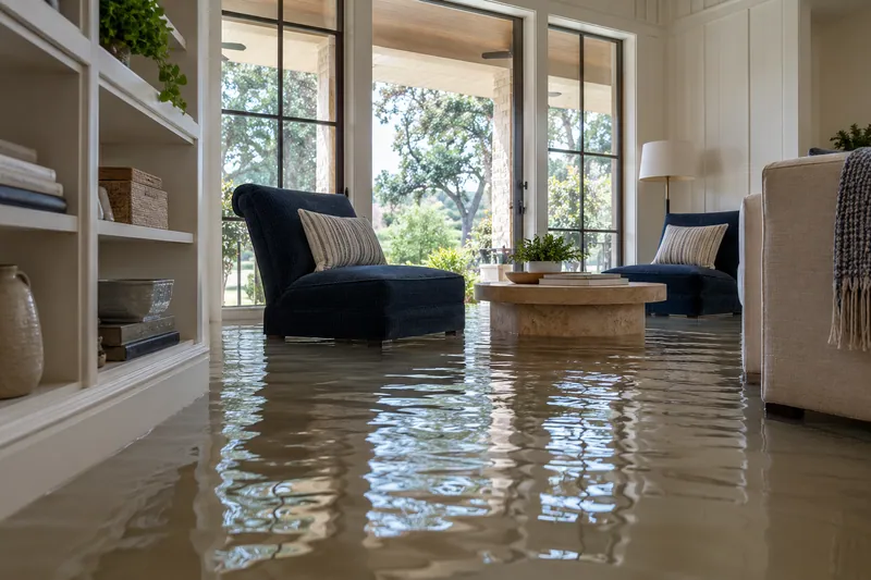 Water Extraction Near Brushy Creek Sports Park — substantial pooled water with submerged lower furniture legs