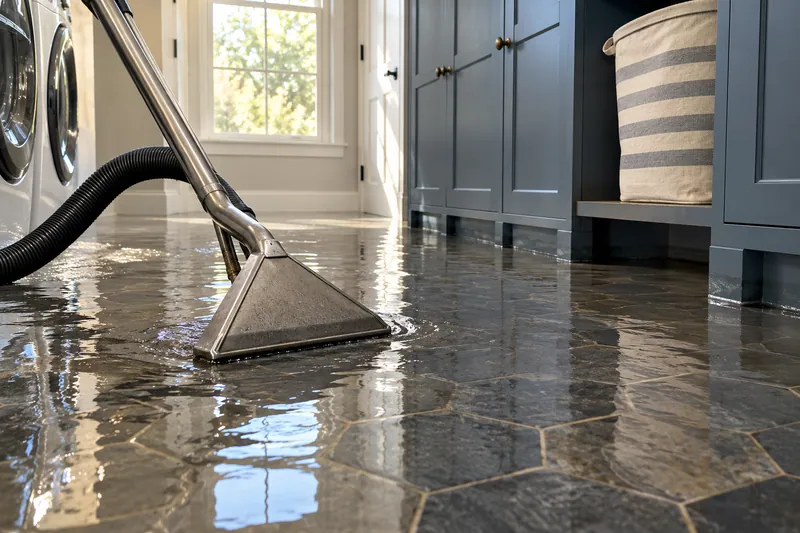 Water Extraction in Cedar Park — metal pickup wand and hose over pooled laundry-room water