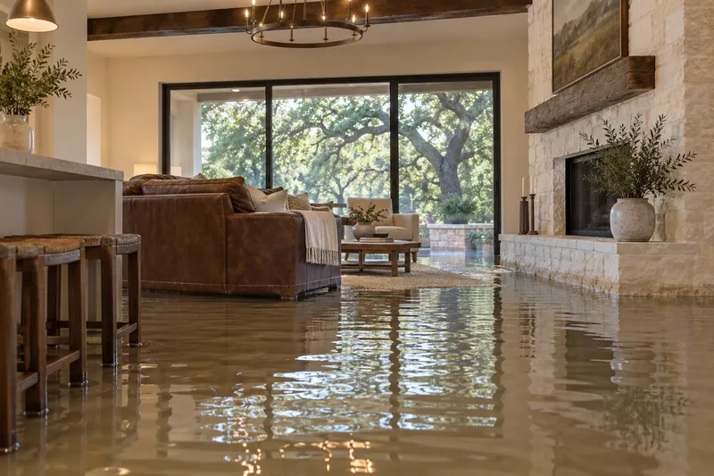 Water Extraction in Cedar Park — six-inch standing water in a limestone-fireplace family room